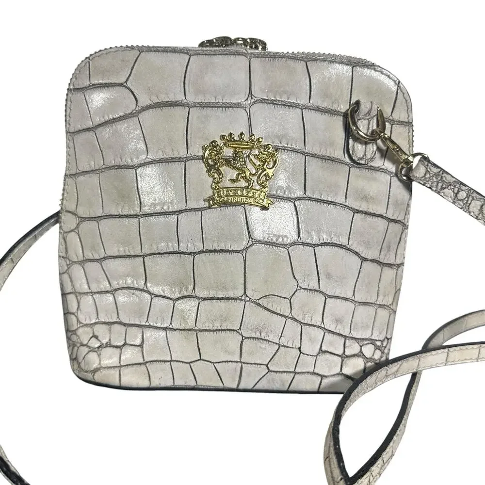 Pratesi Volterra Cream Croc Embossed Italian Leather Crossbody Bag